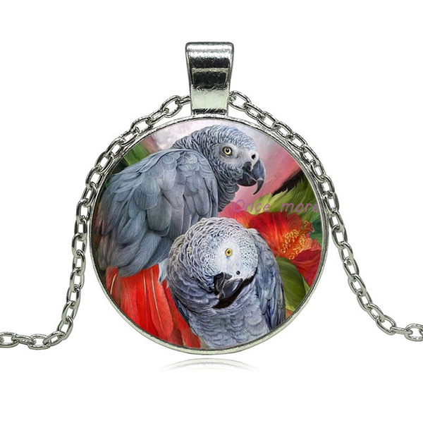Red Tail Grey Parrot Pendant Necklace Glass Cabochon Xmas Bird Gift Jewellery for Women-HZ0223 