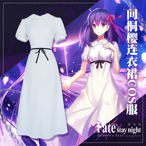 Anime Fate Stay Night Matou Sakura Cosplay Costume Women White Dress Wigs Wish