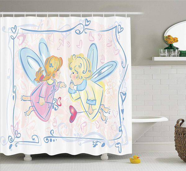Teen Girl Decorating Shower Curtain Cute Little Angel Blonde Fairy Magic Princess Heart Shape Image Polyester Fabric Bathroom With Hook Wish Teen Girl Decorating Shower Curtain, Princess Shower Curtain Hooks