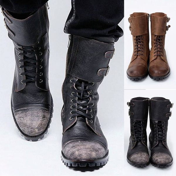 men retro leather motorcycle rider boots shoes