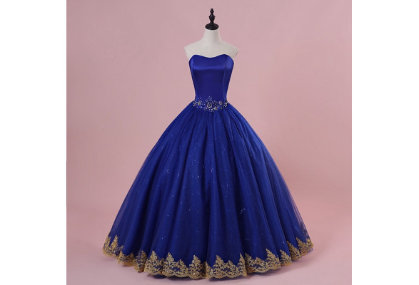 New Charming Royal Blue Quinceanera Dresses Ball Gown Gold Appliques Tulle  Beading Prom Dress | Wish