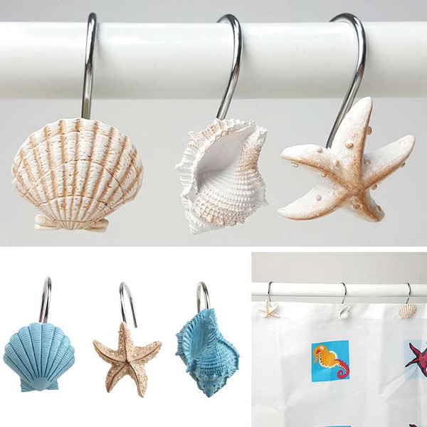 12pcs Resin Decorative Seashell Shower Curtain Hooks Bathroom Beach Shell  Decor