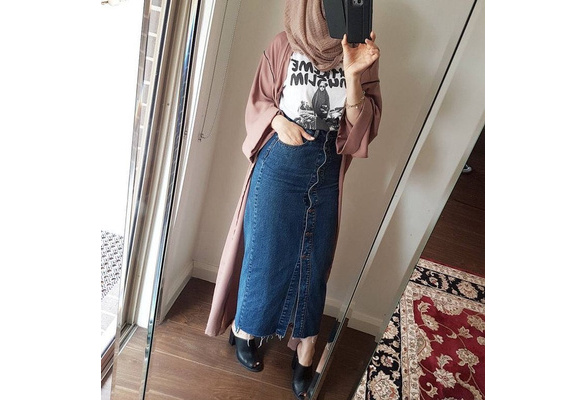 Women Modest Long Skirt Muslim Islamic Maxi High Waist Buttons Denim Skirts  Dress