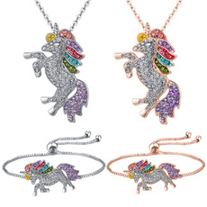 925 Silver Sparkling Rhine Stone Unicorn Pendant Colorful Coloured Pony Diamond Necklace and Bracelet for Women's Children Lucky Jewelry Children's Gifts