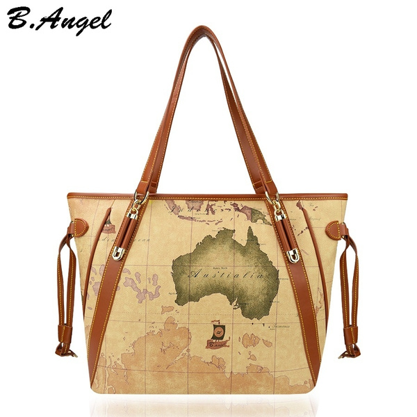 Womans Leather Tote Bag World Map Soft Capacity Shoulder Handbag