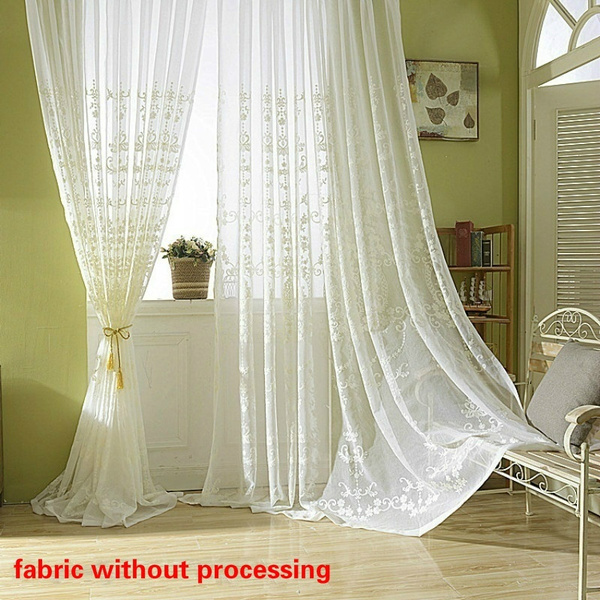 European Embroidered Beige Sheer Tulle Curtains Transparent Shiny Gauze 1 Piece 