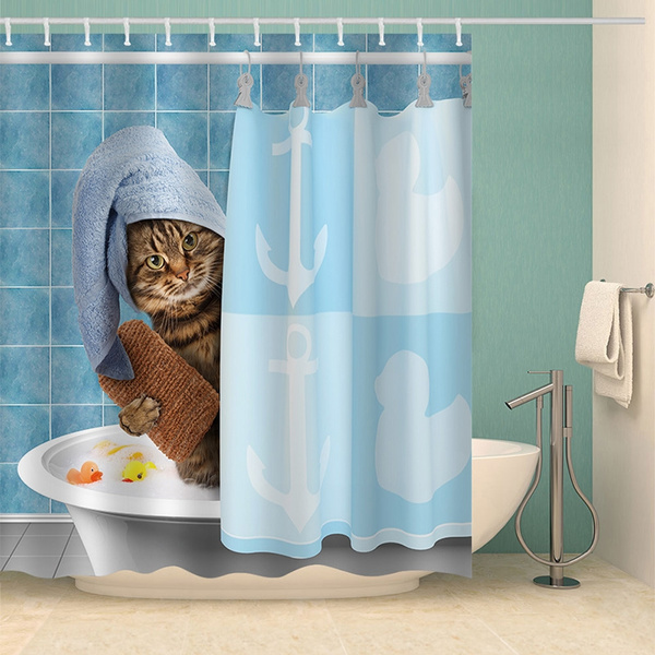 Animals Funny Kitten Cat Bathing Decor, Fun Shower Curtains