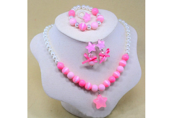 Sets Necklace Bracelet Ring Ear Clips Set Kids Girls Child Flower Shape Pearls 