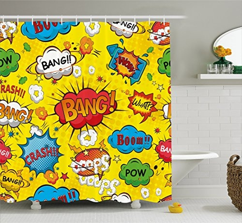 Ambesonne Superhero Shower Curtain By Humor Sch Bubbles Funky Bang Boom Bam Pow Fiction Symbols Artful Design Fabric Bathroom Decor Set With Hooks 75 Inches Long Multicolor Wish Ambesonne Superhero Shower Curtain By, Superhero Shower Curtain Hooks