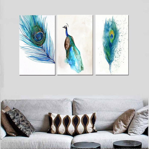 Blue Peacock Feather Canvas Poster Watercolor Painting Home Art Decor No Frame