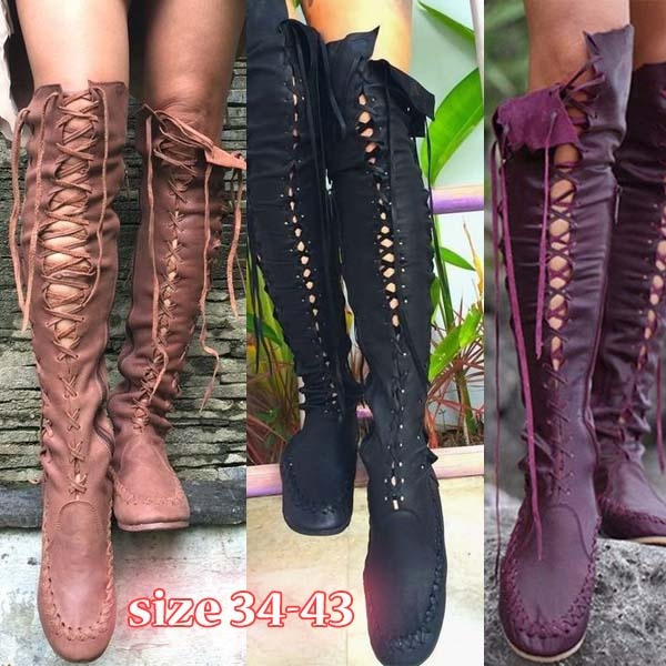 3 Colors Medieval Bandage Knee Length Leather Boot Women Retro ...