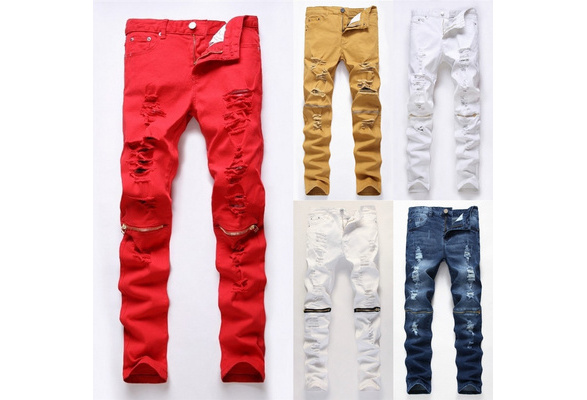 Red best sale ripped pants