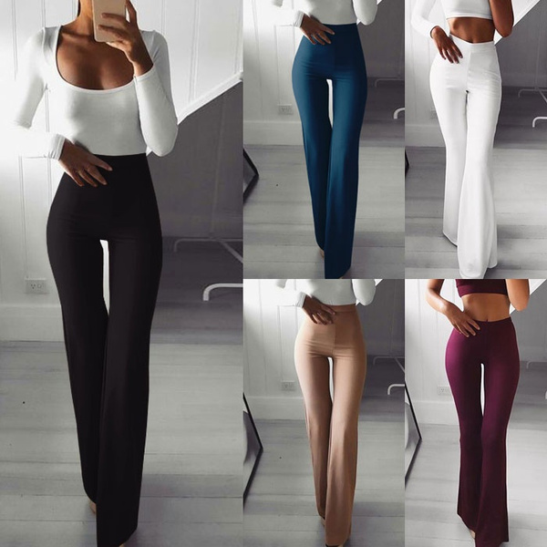 Ladies Trousers Fitness Women's Long Pants Casual Wide Leg Bell Bottom  Legging Soft Flare Pants Women New Fashion Solid High Waist Flare Slim Pants  Wide Leg Palazzo Bell Bottom Yoga Pants Breathable