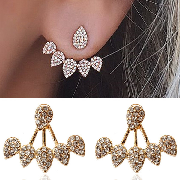 Double Sided Ear Jacket Piercing Water Drop Crystal Earring Fashion Lady Jewelry 