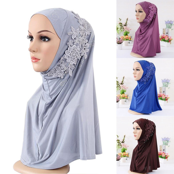Shawl Flower Islamic Lace Muslim Scarf Rhinestone Hijab Turban Headscarf 