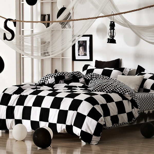 White Classical Bedding Set Bed Linen, Black White Check Duvet Cover