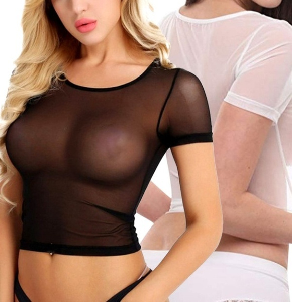 S-2XL Women's Sheer See-Through Crop Top Short Sleeve Mesh Shirt Blouse