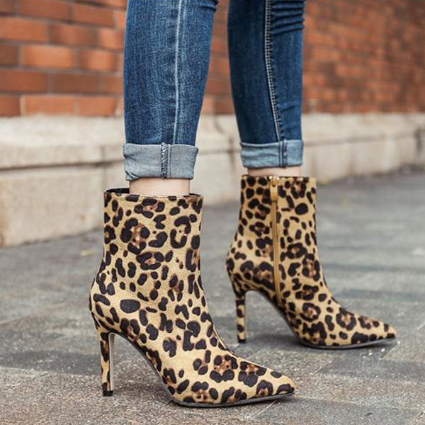 Leopard Print Ladies Ankle Boots Chunky Heel Zipper Pointed Toe