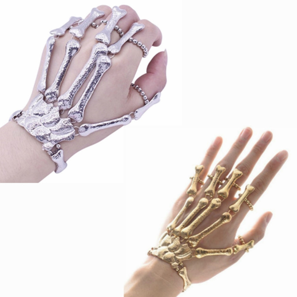 Gothic Halloween Skull Skeleton Metal Fingers Hand Bone Bracelet with Adjustable Ring Wristband Handmade Punk Jewelry for Women Girls