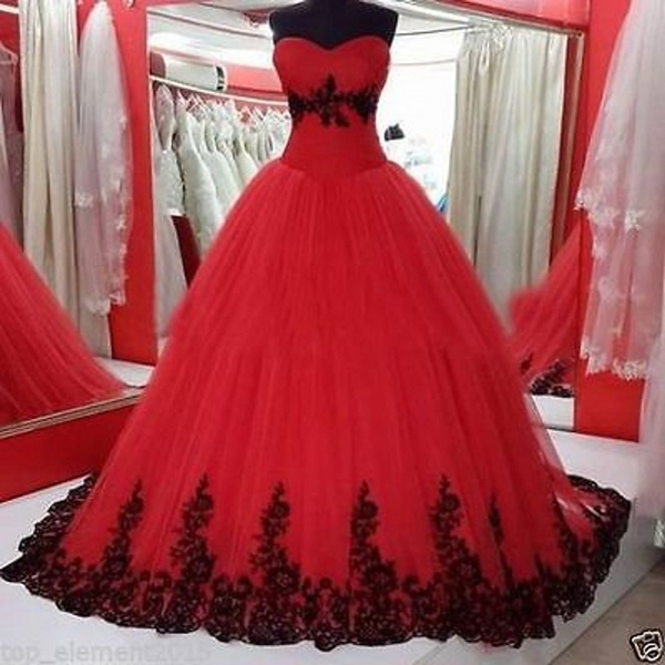 Gothic Ball Gown Wedding Dresses Black Appliques Red Tulle Bridal