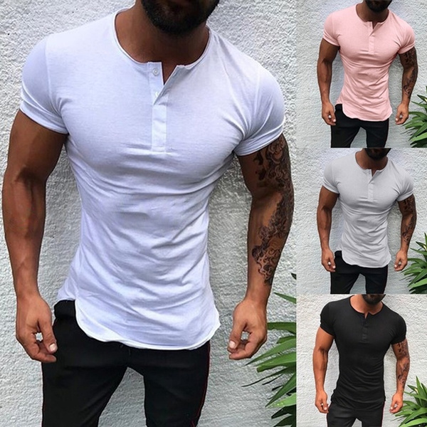 Summer Men's Fashion Short Sleeve Slim T-shirt Solid Color Buckles Tops ...