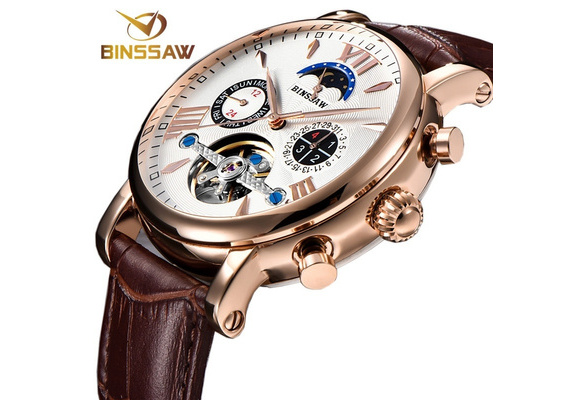 Gift Binssaw Men Automatic Mechanical Tourbillon Watch Business Casual Leather Calendar Moon Phase Sports Watches Masculino