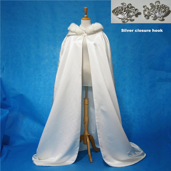 Fur Trim Satin Cloak Bridal Coat Shawl Wrap Renaissance Wedding Full Length Cape 