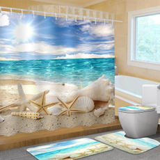 New Summer Bathroom Washroom Beach Seashell PEVA Shower Curtain Anti-Slip Toilet Mats Set Mildew-proof Waterproof Shower Curtain + Bathroom Pedestal Rug + Lid Toilet Cover + Bath Mat Set