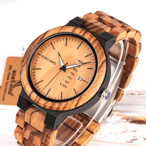 Bobo Bird Wood Watch Men Erkek Kol Saati with Week Display Date