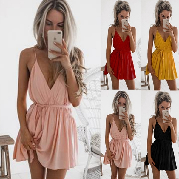 Summer Women Sexy Deep V Neck Spaghetti Strap Backless Belted Pleated Dress  Casual Loose Mini Dress | Wish