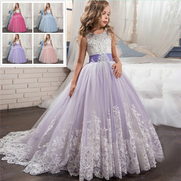 Teenage Girl Lace Flower Girl Dress Rhinestone Kids First Communion Gown Princess Wedding Party Dresses Kid Girl Prom Trailing Party Dress