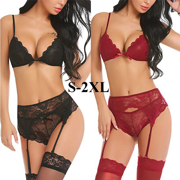 Plus Size Women Bra Panty Sets With Garter Belts Sexy Lace