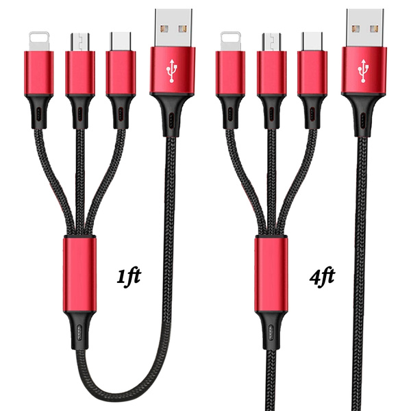 Micro USB Port Connectors for Cell Phones Tablets and More Multi Charging Cable Short Multi Charger Cable Nylon Braided Universal 3 in 1 Multiple USB Cable Charging Cord with Type-C 3pack 2ft 