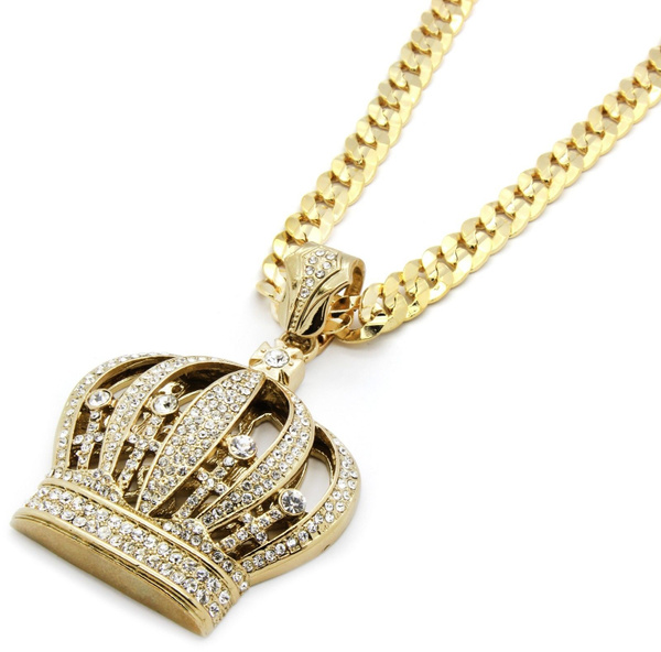 Mens Gold Iced Out Queen Crown Pendant 