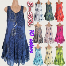 Women Plus Size Printing Sleeveless Sun Dress Floral Printed Tunic Dress(Size: S~5XL)