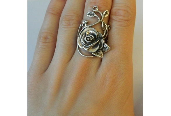 925 STERLING SILVER STURDY ELONGATED ETCHED ROSE & LEAF SIZE 7 RING
