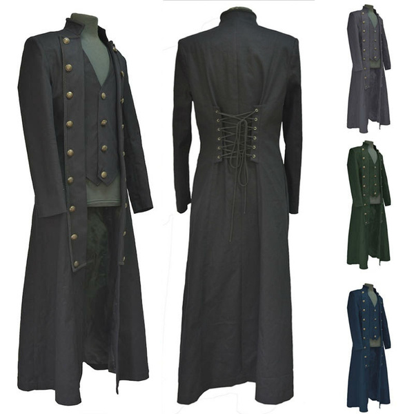 Men's Gothic Steampunk Lapel Long Jacket Slim Fit Medieval Back Lacing ...