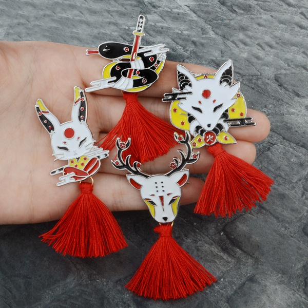 Japanese-style Animal Brooch Pin Deer Rabbit Snake Fox Kabuki Ninja Mask Badge Vintage Tassel Pendant Button Pin | Wish