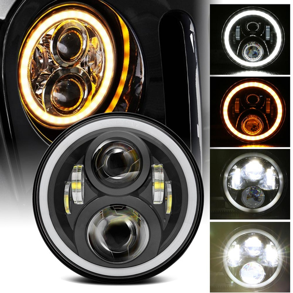 Pair 7 Inch Round LED Headlights High Low Beam White Halo Ring Angel ...