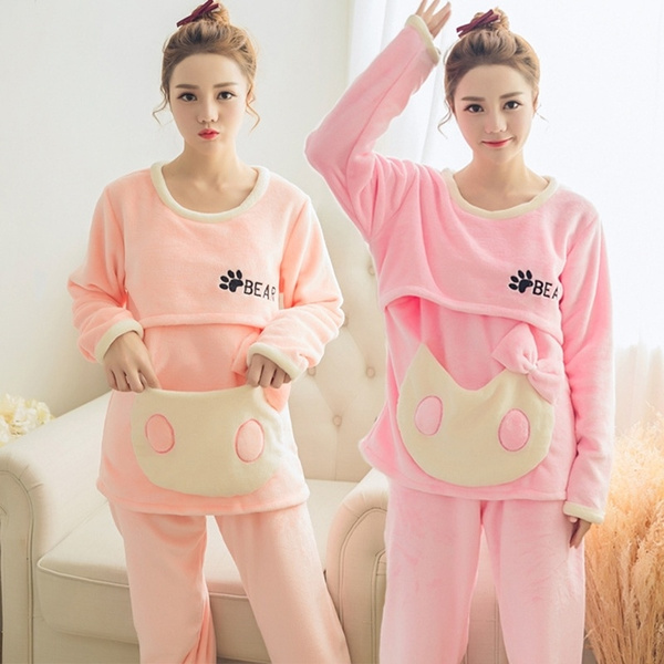 Women Girl Coral Fleece Plush Winter Warm Sleepwear Pajamas Nightwear