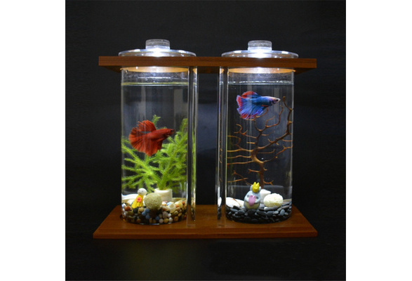 Fashion LED Light Dual Clear Glass Fish Tank Aquarium Bamboo Shelf