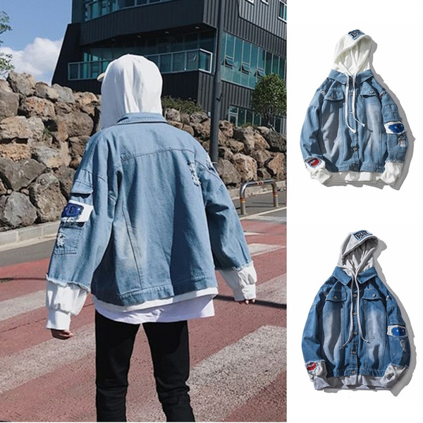 S-3XL High Quality New Mens Fashion Badge Loose Oversize Hooded Denim ...