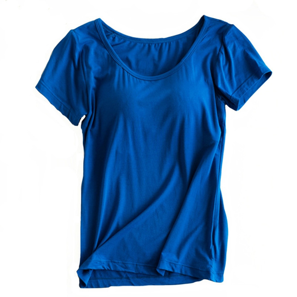 Lady Modal Padded Built in Bra T-Shirts Short Sleeve Scoop Neck