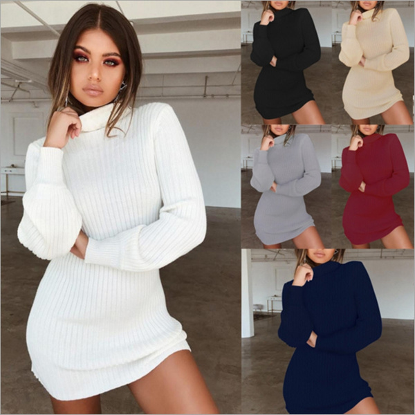 Women Autumn Winter Sexy Solid Color Long Sleeve Turtleneck Dress