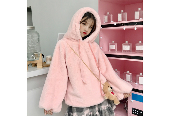 Women Girl Cute Hoodie Sweatshirt Top Pullover Fluffy Fur Pink Sweet