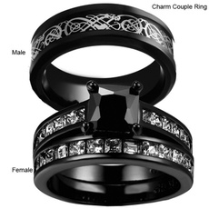 Couple Rings - Men's 316L Stainless Steel Ring and Women's 14kt Black Gold Filled Black Sapphire CZ Bridal Engagement Wedding Band Ring Set Jewelry
