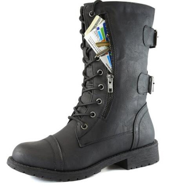 Botas militares de combate con cordones hasta la mitad de la pantorrilla  para mujer Negro | Wish
