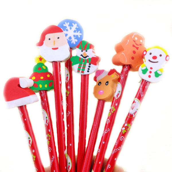 6pcs Cartoon Eraser Tipped Pencils, Christmas Children Creative