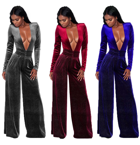 New Sexy Long Sleeve Women Deep V Neck Jumpsuit Velvet Satin