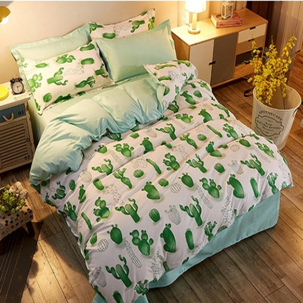 Cute Cartoon Cactus Green Bedding Duvet, Green Bedding Sets King Size